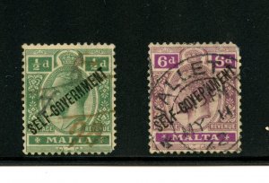 Malta #87, #91 (M383) O/P on King George V, Self-Government, Used, F-VF,CV$76.00