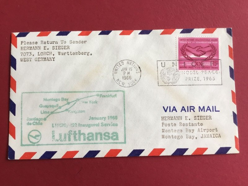 United Nations New York Germany Jamaica 1966 Air Mail Stamps Flight Cover R45252 