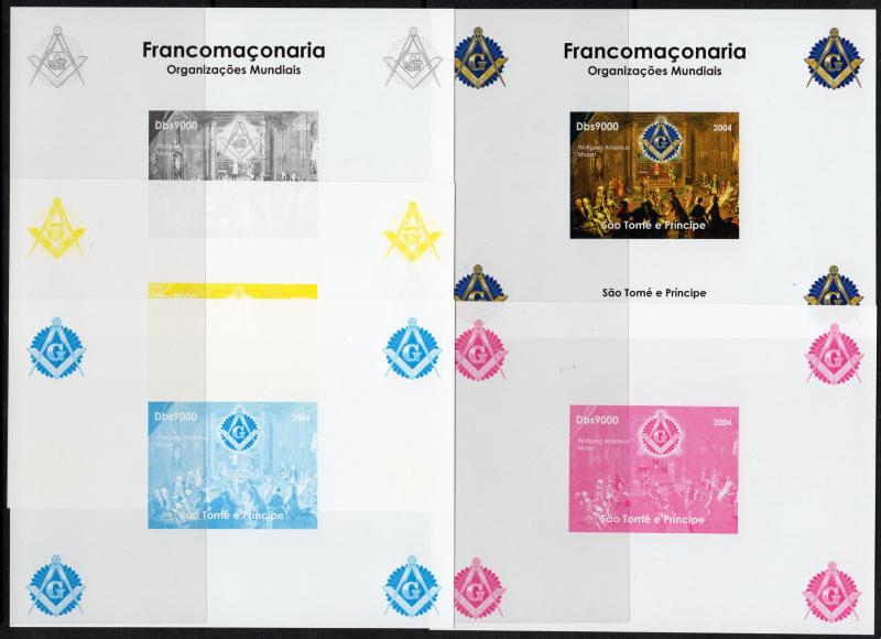 Sao Tome and Prince 2004 Freemasonry/W.A.Mozart S/S 4 Color Proofs +1 Original