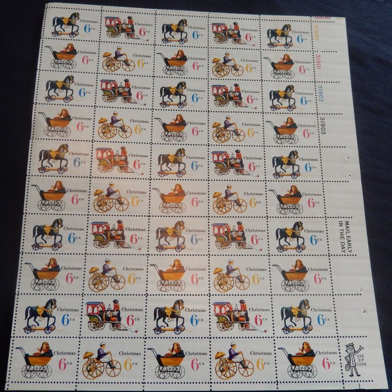 US #1415-1418 6c Christmas Toys, F-VF NH or better,  FULL SHEET, post office ...