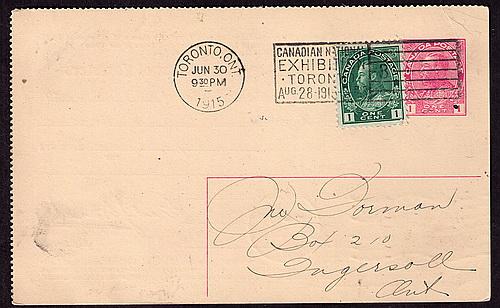 Canada # UX 28 Used post card Toronto 1915 CNE Flag cancel