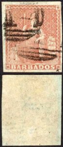 Barbados SG5 (4d) Brownish Red Four margins Cat 275 pounds