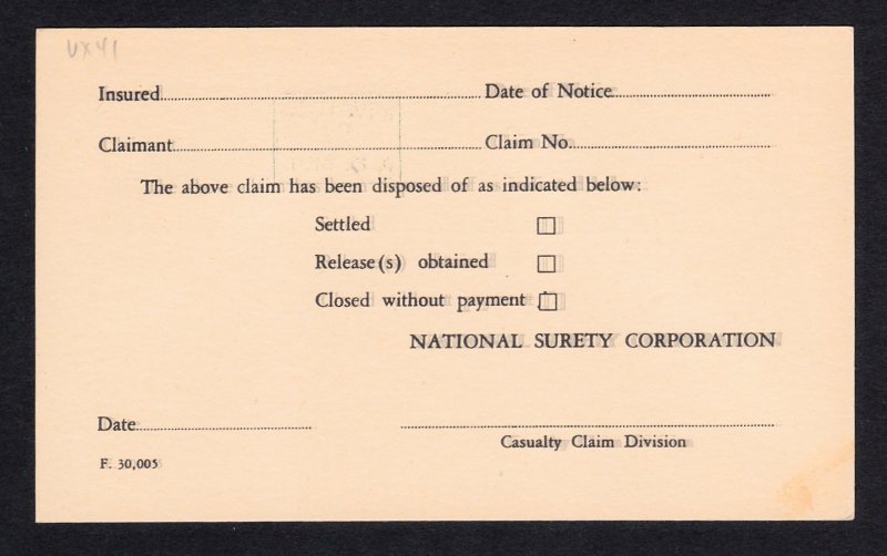 Scott# UX41 UPSS# S57 (Surcharge 2) Unused front Preprinted Back