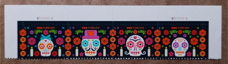 US #5640-43 #5643a (58c) Day of the Dead MNH strip of 4 plate #B111111111 (2021)