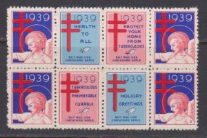 1939 Red Cross Christmas Seals Center Block of 8 with Slogans - I Combine S/H