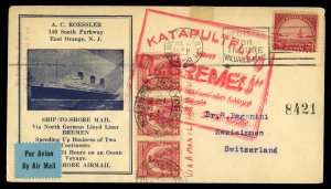 United States, Catapult Covers, 1929 (26 July) Bremen flight cacheted cover...