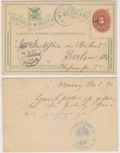 MEXICO 1894 PS H&G 58d CARD BY THE GERMAN CONSULATE VIA NUEVA LAREDO TO BERLIN