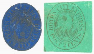 1861 US Local #20L21 Boyd's City Post Gold/Blue, 20L20 Gold/Green, SCV $32.50!