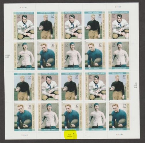 U.S. Scott #3808-3811 Football Stamps - Mint NH Sheet - Highlighted UL Plate