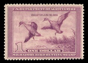 United States, Duck Hunting #RW5 Cat$175, 1938 $1 light violet, lightly hinged