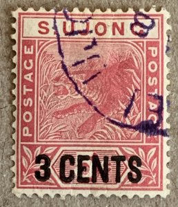 Sungei Ujong 1894 3c on 5c rose Tiger, used.  Scott 35 CV $8.50, SG 54