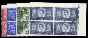 Kuwait #113-116 Cat$64, 1953 Coronation, complete set in blocks of four, neve...