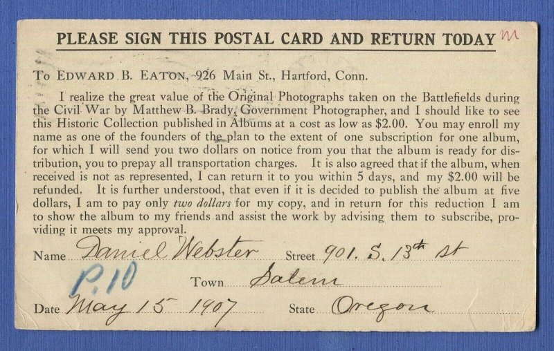 US UX18 /S22 1c Postal Card, SALEM, MASS 1907 Flag Cancel, Civil War