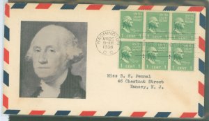 US 804 1c George Washington, block of six, part of the 1938 Presidential Series (prexy) on addressed (typed) FDC with an unknown