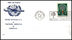 UN New York to Tucson,AZ American Airlines 1960 First Jet Flight Cover