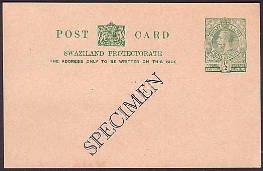 SWAZILAND GV ½d postcard overprinted SPECIMEN - fine & very scarce