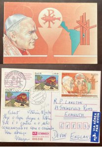 D)1991, BRAZIL, POSTCARD, ISSUE OF POPE JOHN PAUL II, CIRCULATED WITH STAMPS 18T