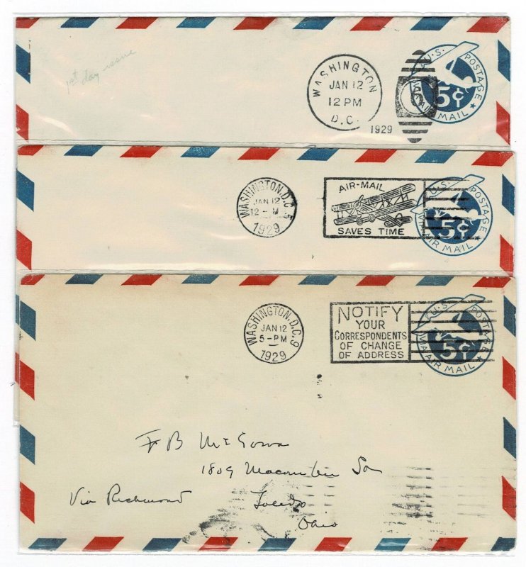 UC1 - 5c airmail envelope FDCs, 3 diff DC postmarks (1039)