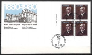 1980 Canada Sc877 Emmanuel·Persillier Lachapelle Block of 4 FDC