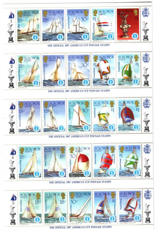 Solomon Islands Scott 570-574 MNH** Amercas Cup Yach sheet of 50,CV $$25