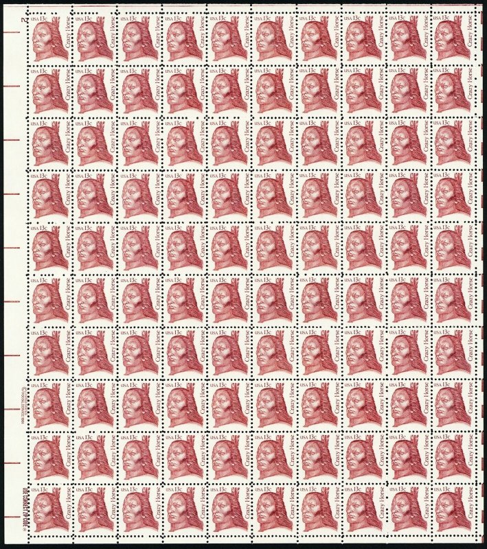 Crazy Horse American Indian Sheet of One Hundred 13 Cent Postage Scott 1855