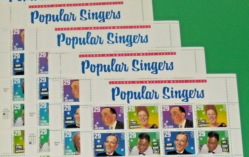 Four Sheets x 20 = 80 POPULAR SINGERS 29¢ USA Postage Stamps. Scott # 2849-2853 