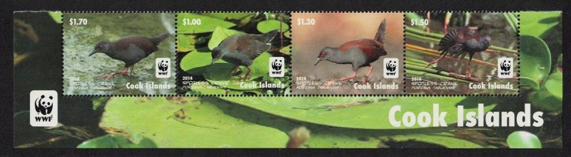 Cook Is. WWF Spotless Crake Bird Bottom Strip of 4v WWF Logo 2014 MNH