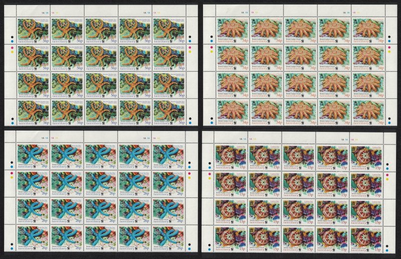 BIOT WWF Sea Stars 4v Blocks of 20v A 2001 MNH SC#231-234 SG#253-256 MI#266-269