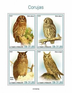 Sao Tome & Principe 2021 MNH Birds on Stamps Owls Tawny Owl Eagle-Owl 4v M/S