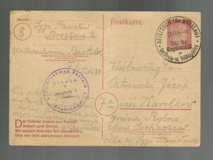 1944 Breslau Bartold Germany Arbeitslager Postcard Cover to RYbno