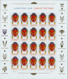 2022 58c Forever Lunar New Year Bengal Tiger, Orange Scott 5662 Mint Sheet of 20