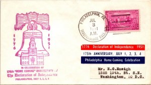 US EVENT COVER CACHETED 175th HOME COMING ANNIVERSARY INDEPENDENCE HALL 1951 H