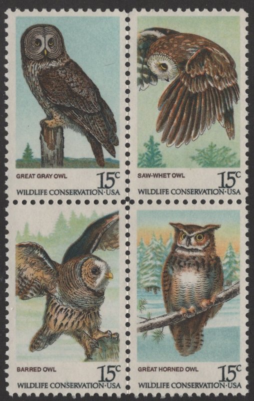 SC#1760-63 15¢ American Owls Block of Four (1978) MNH