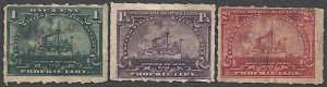 US 1898 1c, 1 1/4c, 2 1/2c  Battleship Proprietary Revenues, Sc RB24-25,28 Used