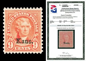Scott 667 1929 9c Light Rose Kans. Overprint Mint Graded XF-Sup 95 NH PSE CERT