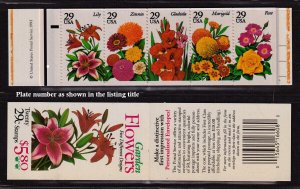 1993 Garden Flowers BK208 (4 panes Sc 2764a) 29c booklet MNH plate number 1