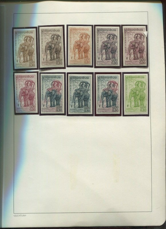 88+ ROYAUME DU LAOS 1958 ELEPHANTS ISSUE IMPERFORATE TRIAL COLOR PROOF STAMPS