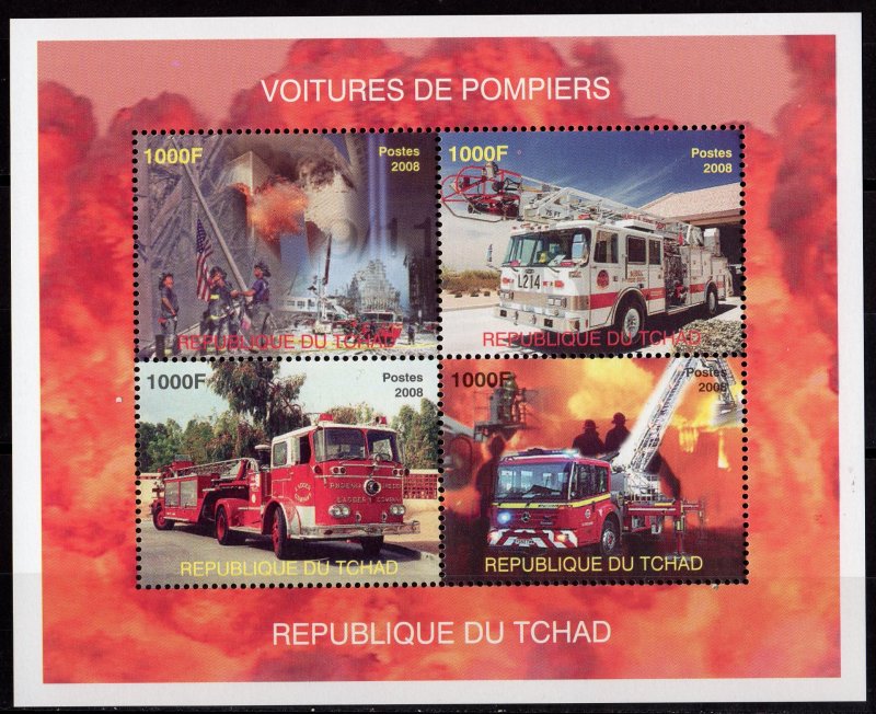 Chad 2008 FIRE BRIGADE -TWINN TOWERS NEW YORK -TRUCKS  Sheetlet PERFORATED MNH