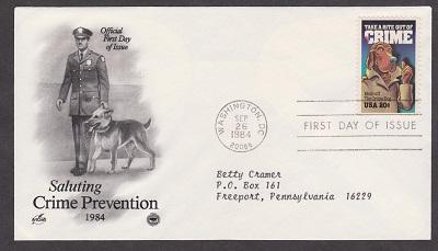 2102 Crime Prevention ArtCraft FDC with neatly typewritten address