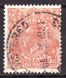 1930 Australia Sc #75 - 5 Pence - KGV, Emu & Kangaroo - Registered cancel Cv$14