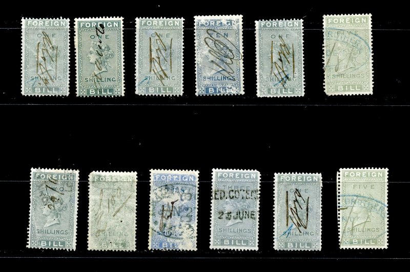 GREAT BRITAIN LOT OF 12 USED FOREIGN BILL TAX REVENUES I,2,3,5 & 10 SHILLINGS