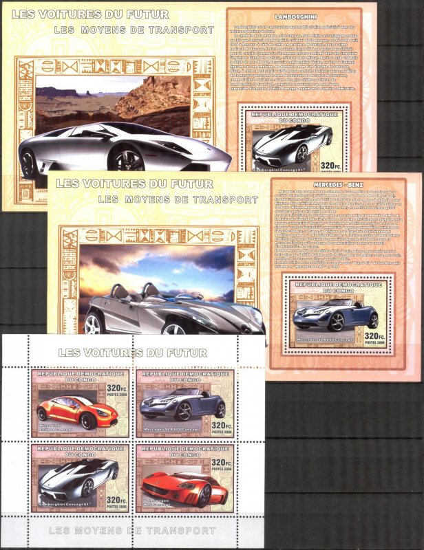 Congo 2006 Cars Mercedes Lamborghini Volkswagen Mitsubishi sh. + 4 S/S MNH 2 sc