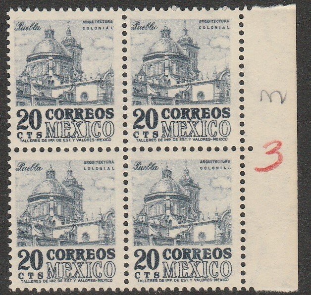 MEXICO 878, 20¢ 1950 Definitive 2nd Printing wmk 300. MINT NH BLK 4. VF (258)