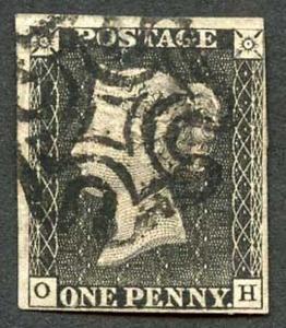 Penny Black (OH) Plate Four Margins with a worn plate