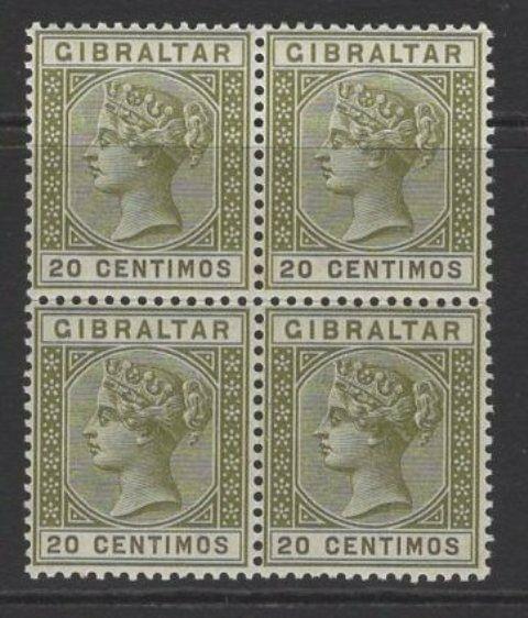 GIBRALTAR SG24 1896 20c OLIVE-GREEN & BROWN MNH BLOCK OF 4