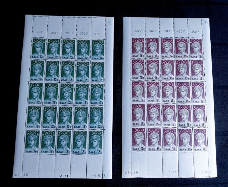 Saar 1956 - 371 - 372 - Olympics - Full Sheets of 25 each - MNH