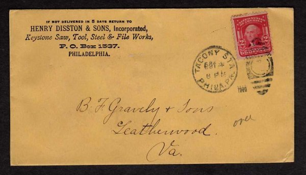 PA Henry Disston & Son Keystone Saws Tools PHILADELPHIA Pennsylvania Stamp Cover
