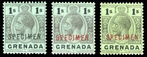 Grenada 1913 KGV 1s in 3 shades overprinted SPECIMEN vfm. SG 98s, 98as, 98ds.