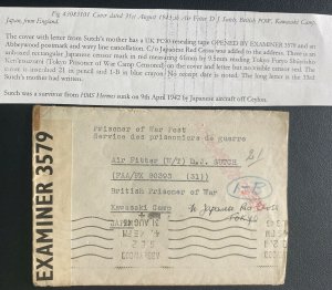 1943 England Censored Cover To POW PrisOner Of War Kawasaki Camp Japan