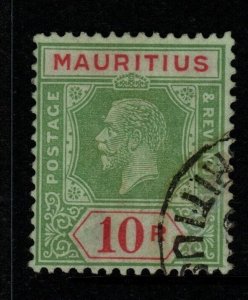 MAURITIUS SG204d 1922 10r GREEN & RED/EMERALD(EMERALD BACK) DIE II FINE USED